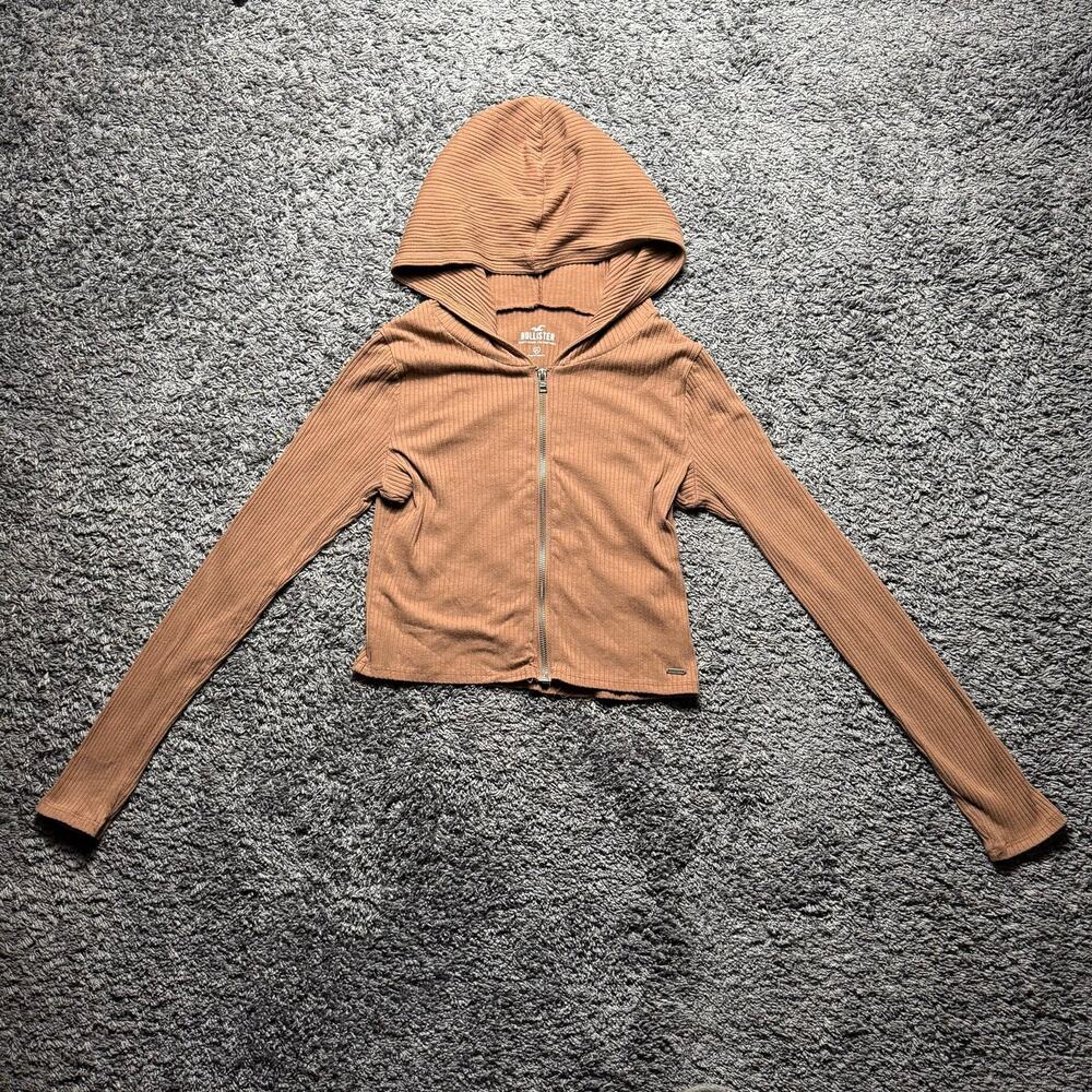 Hollister Must Have Collection Brown Ribbed Full Zip Hoodie Women’s Medium Y2K